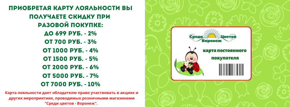 Приобретая карту лояльности вы получаете Скидку при разовой покупке до 699 руб. - 2% от 700 руб. - 3% от 1000 руб. - 4% от 5000 руб. - 5% от 10 000 руб. - 10% от 15 000 руб. - 15% (6).png